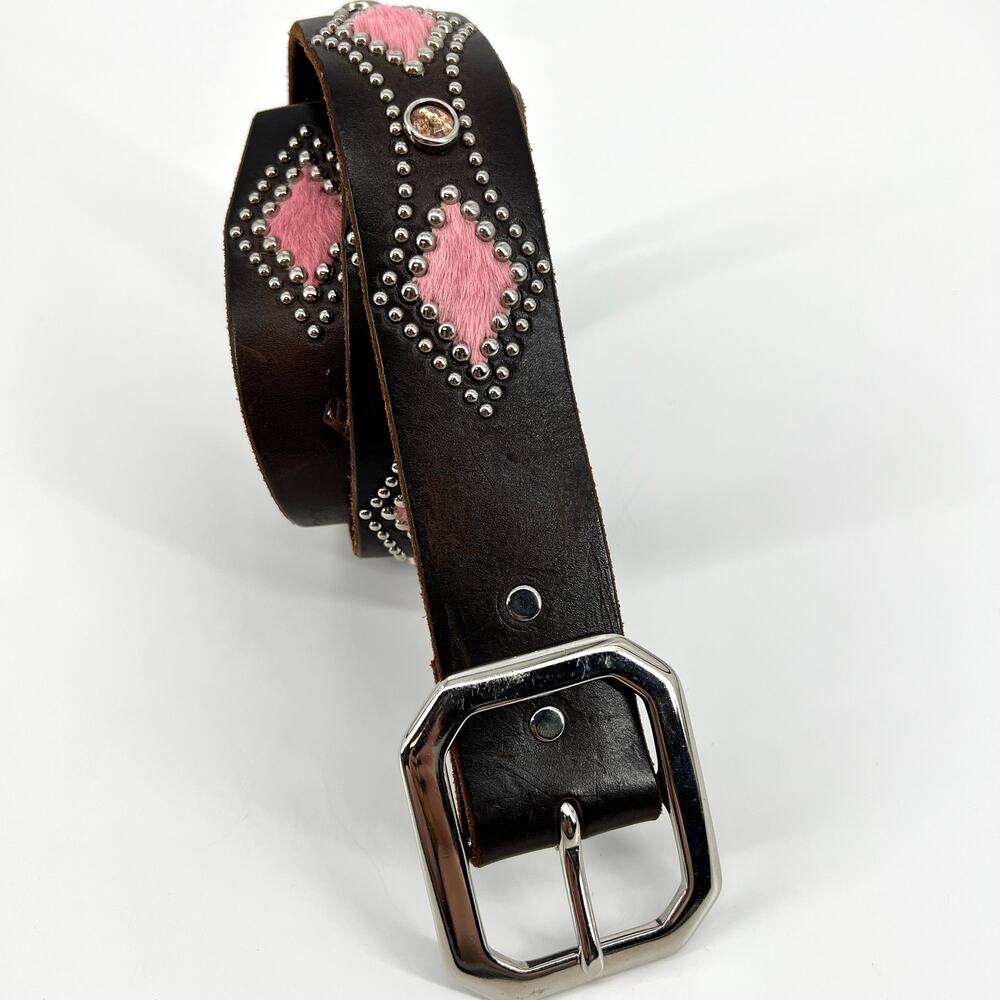 JoEd Womens Western Cowboy Cowgirl Pink Pony Calf Hair Rhinestone Belt Size 32